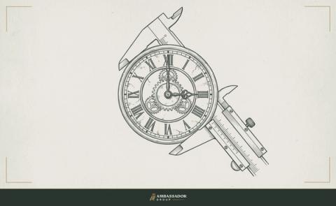 Antique engraving illustration. A weathered clock face with one hand frozen, surrounded by a fresh set of calipers measuring the same dial, showing that time elapsed is not the same as distance traveled.