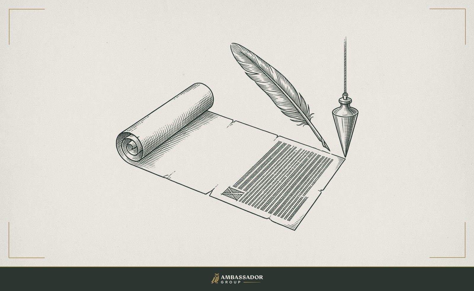 Antique engraving illustration. A contract scroll unrolled to its final clause, a quill poised above the termination paragraph, a plumb bob beside it confirming the line runs true and clear.
