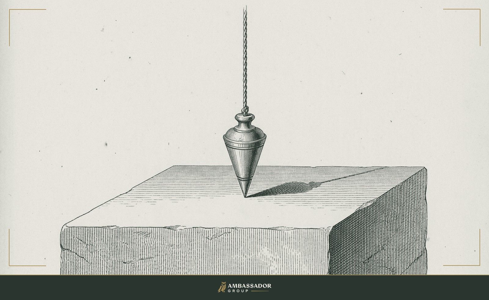 Antique engraving illustration. A plumb bob hanging from a taut line at the center of a carefully leveled cornerstone, shadow perfect, nothing out of true, performance and compensation in exact alignment.