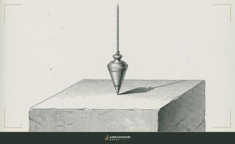 Antique engraving illustration. A plumb bob hanging from a taut line at the center of a carefully leveled cornerstone, shadow perfect, nothing out of true, performance and compensation in exact alignment.