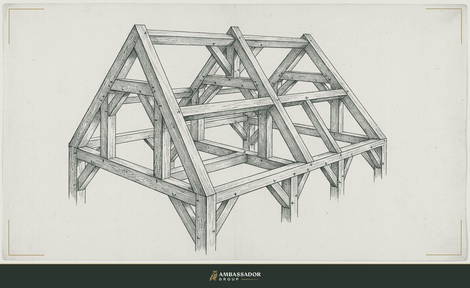 Antique engraving illustration. A timber frame building mid-construction, each beam mortised precisely into the next, every joint labeled with a small chalk mark.