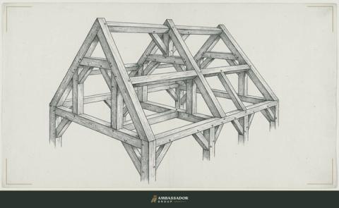 Antique engraving illustration. A timber frame building mid-construction, each beam mortised precisely into the next, every joint labeled with a small chalk mark.