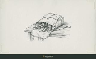 Antique engraving illustration. An open canvas expedition pack on a workbench with brass surveying instruments spilling out of it.