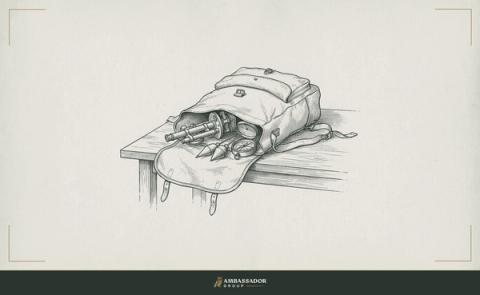 Antique engraving illustration. An open canvas expedition pack on a workbench with brass surveying instruments spilling out of it.