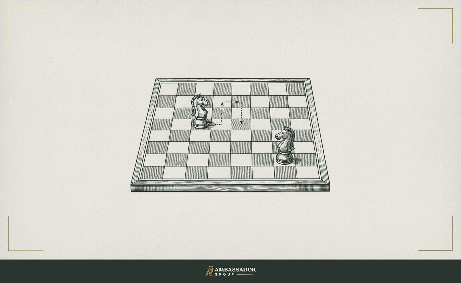 Antique engraving illustration. A chess board mid-game with a single knight positioned two moves behind its opponent, the delayed trajectory etched in dotted lines showing how the later path converges on the stronger square.