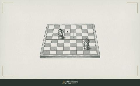 Antique engraving illustration. A chess board mid-game with a single knight positioned two moves behind its opponent, the delayed trajectory etched in dotted lines showing how the later path converges on the stronger square.