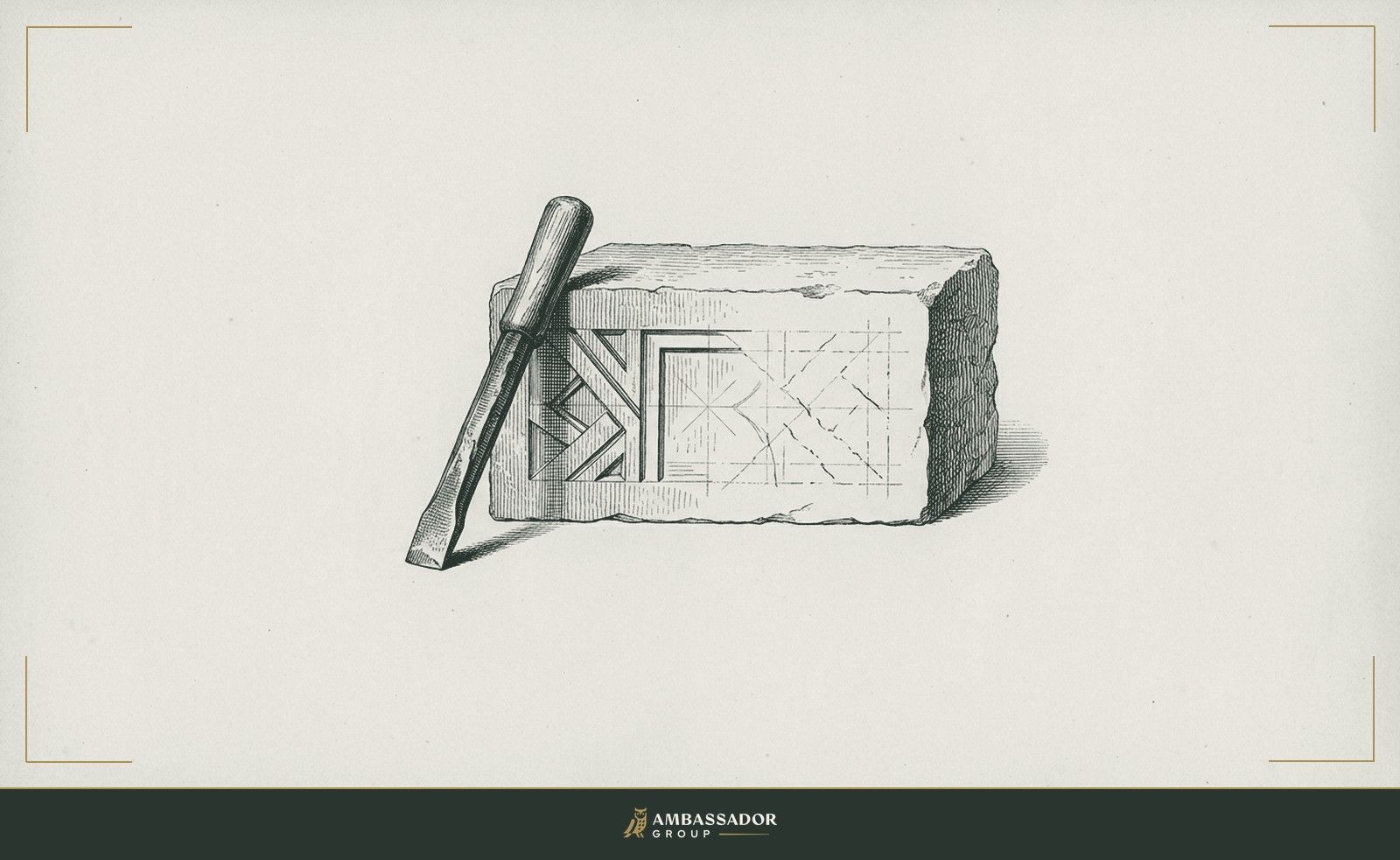 Antique engraving illustration. A stone chisel resting beside an unfinished inscription block, the problem statement already carved, the solution lines still rough and not yet refined to depth.