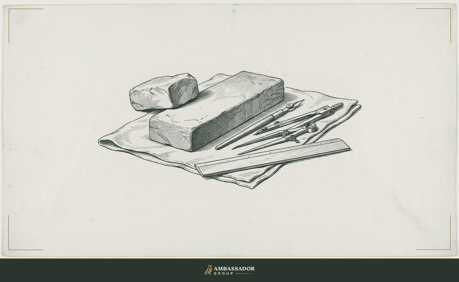 Antique engraving illustration. A sharpening stone and a worn whetstone block beside a set of drawing instruments, arranged as a craftsman's toolkit ready for use.