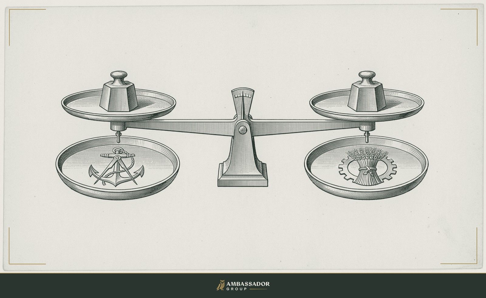 Antique engraving illustration. A balance scale with identical weights on each pan, the beam perfectly level, both pans engraved with different but equally detailed crests facing each other.
