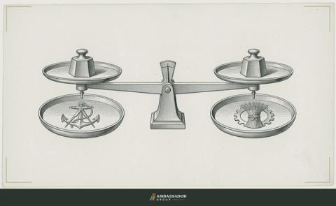 Antique engraving illustration. A balance scale with identical weights on each pan, the beam perfectly level, both pans engraved with different but equally detailed crests facing each other.