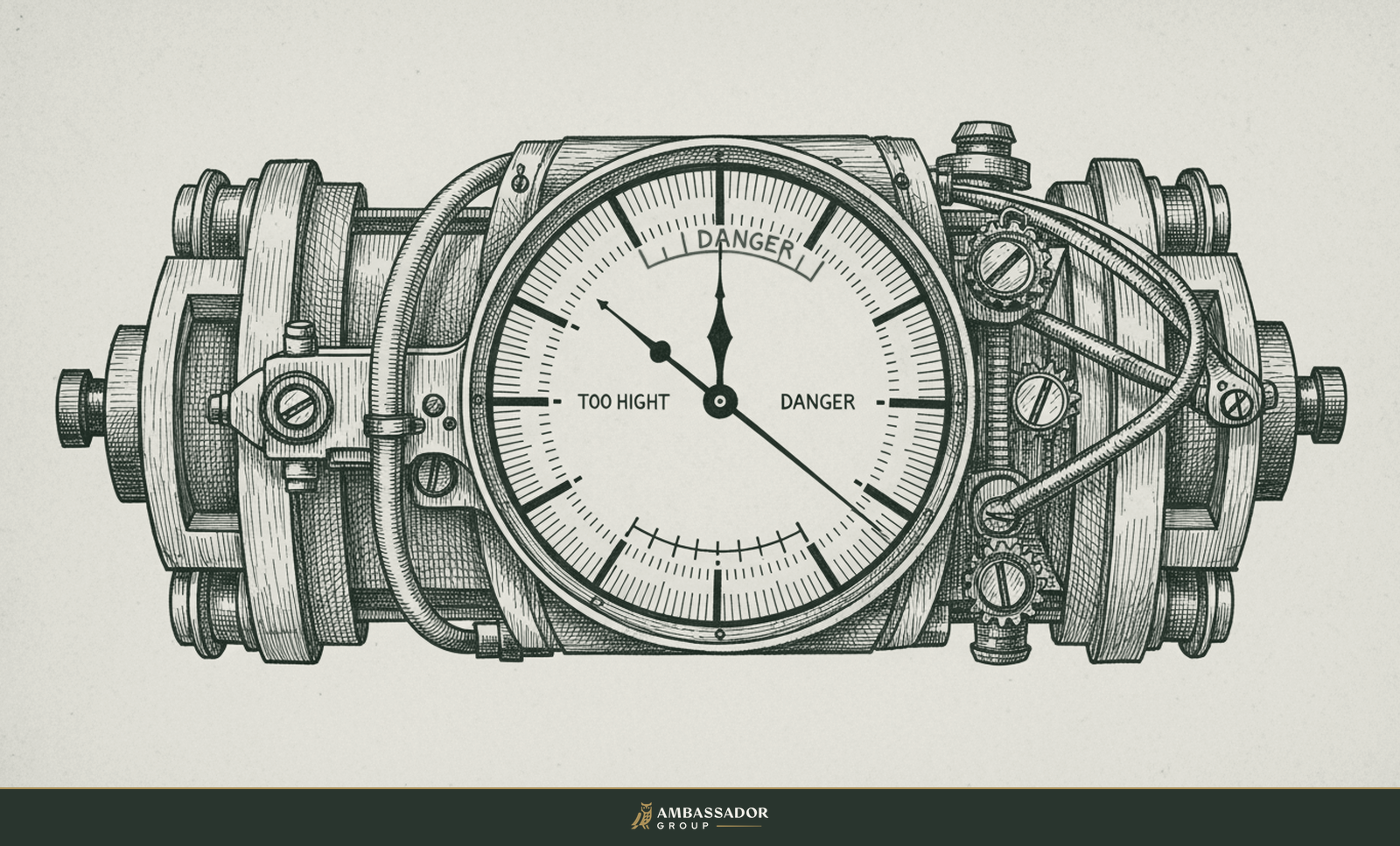 Antique engraving illustration. An antique aircraft altimeter dial, its single needle pinned in a thin narrow danger arc between too high and too low.
