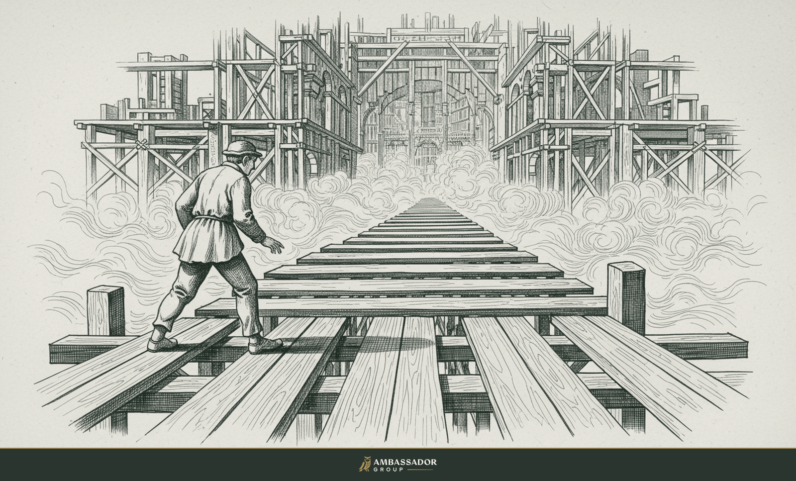 Antique engraving illustration. A worker stepping confidently onto wooden scaffolding planks that dissolve into thick fog, the path ahead unseen.