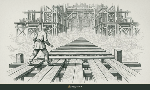 Antique engraving illustration. A worker stepping confidently onto wooden scaffolding planks that dissolve into thick fog, the path ahead unseen.