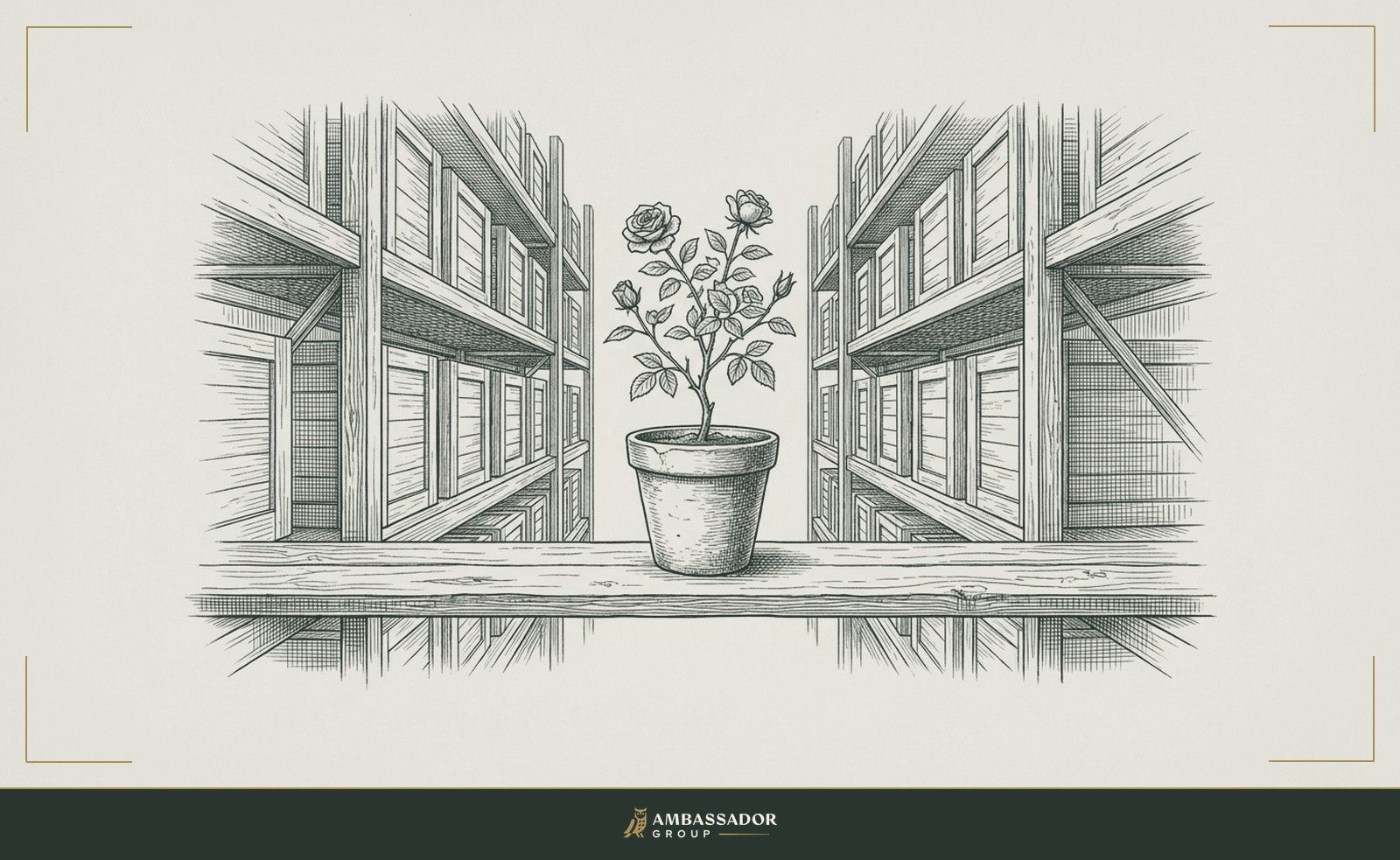 Antique engraving illustration. A single tended rose in a clay pot on a scaffold plank, the surrounding warehouse shelves stacked with identical unmarked crates receding behind it.
