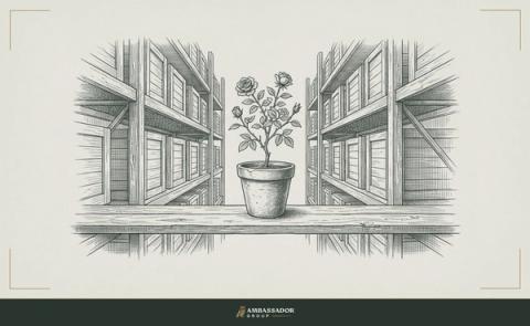 Antique engraving illustration. A single tended rose in a clay pot on a scaffold plank, the surrounding warehouse shelves stacked with identical unmarked crates receding behind it.