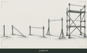 Antique engraving illustration. A long plain measuring rod, unmarked, laid across a spectrum from a single stake in sand to a fully erected scaffold frame.