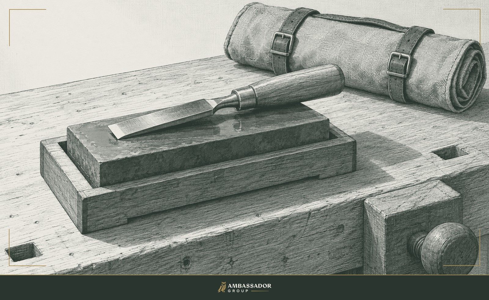 Antique engraving illustration. A carpenter's chisel rests on an oiled sharpening stone beside a rolled canvas tool roll on a workbench.
