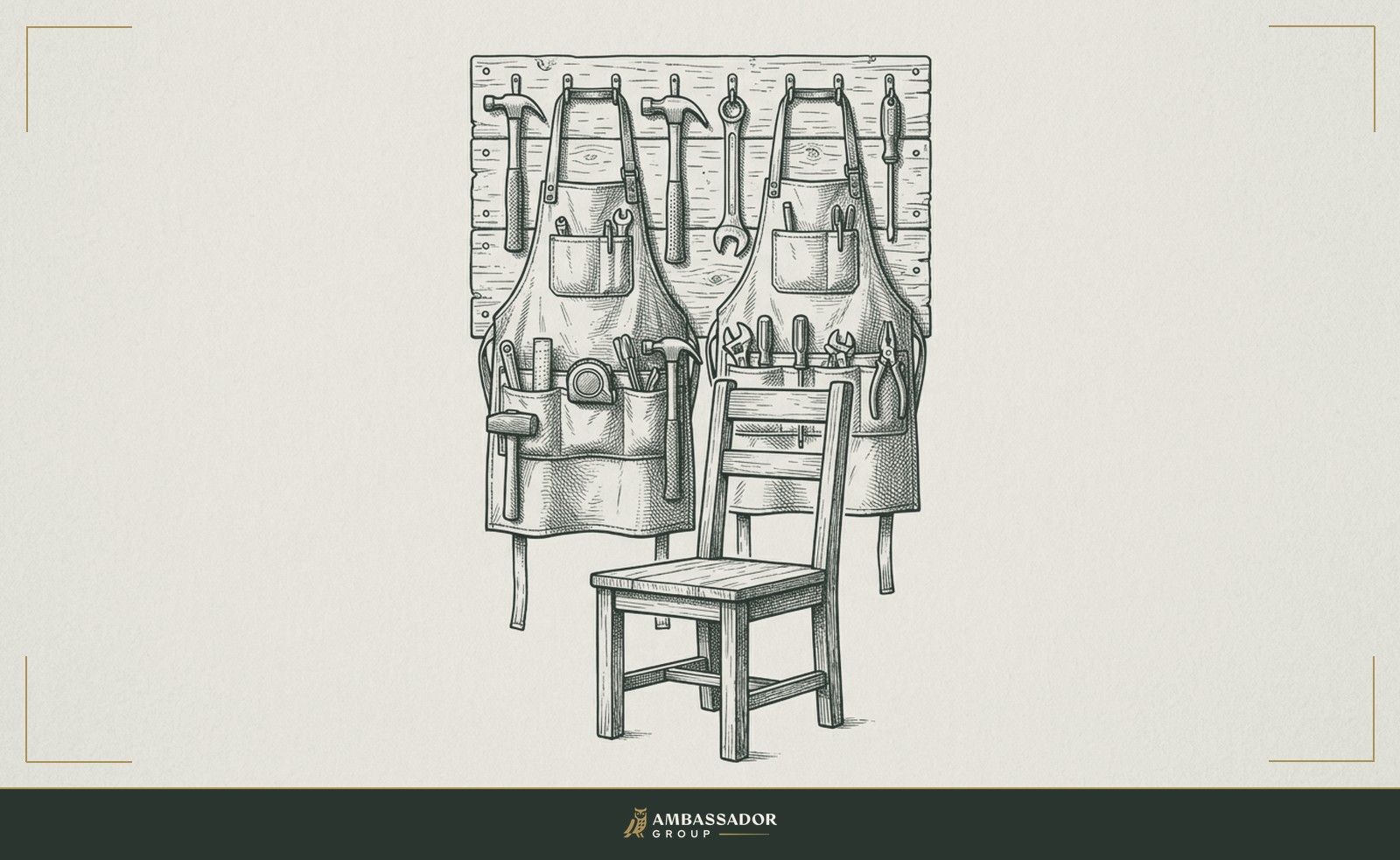 Antique engraving illustration. Two craftsmen's aprons hanging side by side on hooks, fully equipped with tools, beside a bare interview chair, competence present, but the examination still waiting to be conducted.