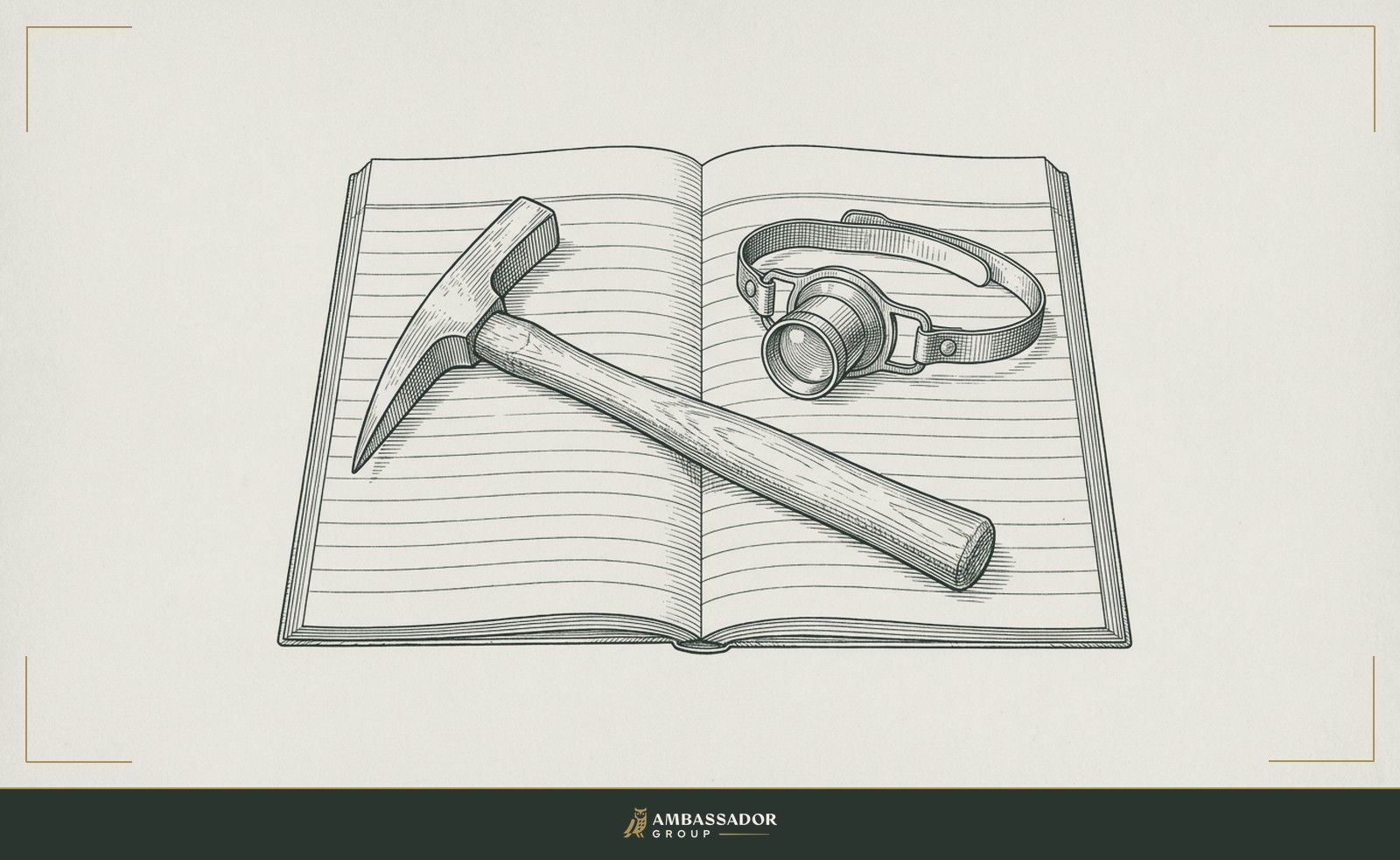 Antique engraving illustration. A geologist's hammer and a watchmaker's loupe placed in deliberate parallel on a ruled field notebook, the two instruments requiring patience in equal measure.