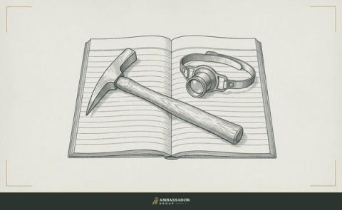 Antique engraving illustration. A geologist's hammer and a watchmaker's loupe placed in deliberate parallel on a ruled field notebook, the two instruments requiring patience in equal measure.