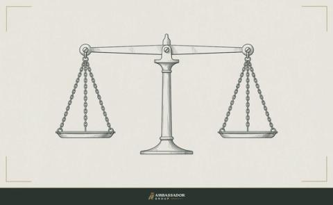 Antique engraving illustration. A beam balance scale with two pans hanging in perfect equilibrium on a simple pivot stand.
