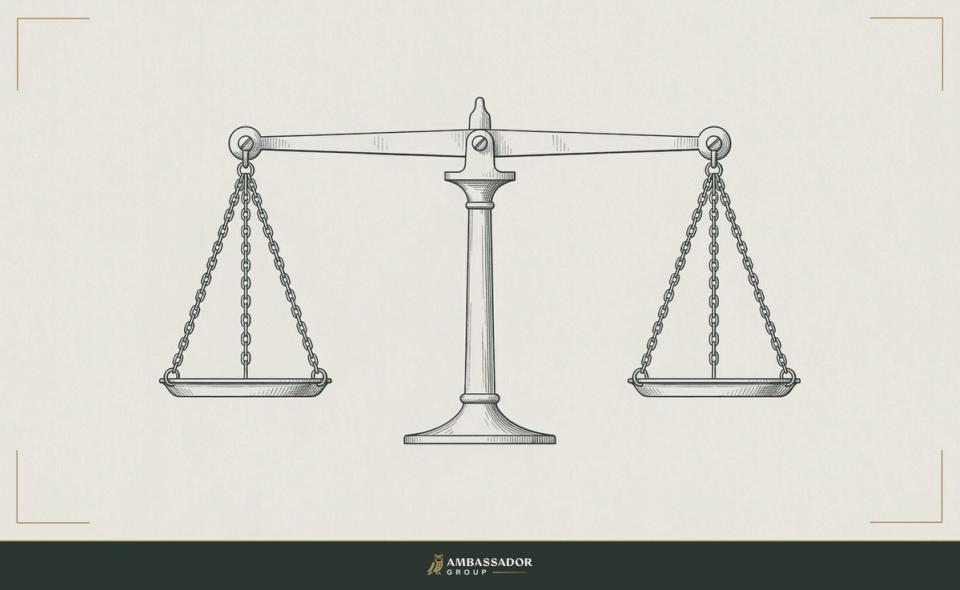 Antique engraving illustration. A beam balance scale with two pans hanging in perfect equilibrium on a simple pivot stand.