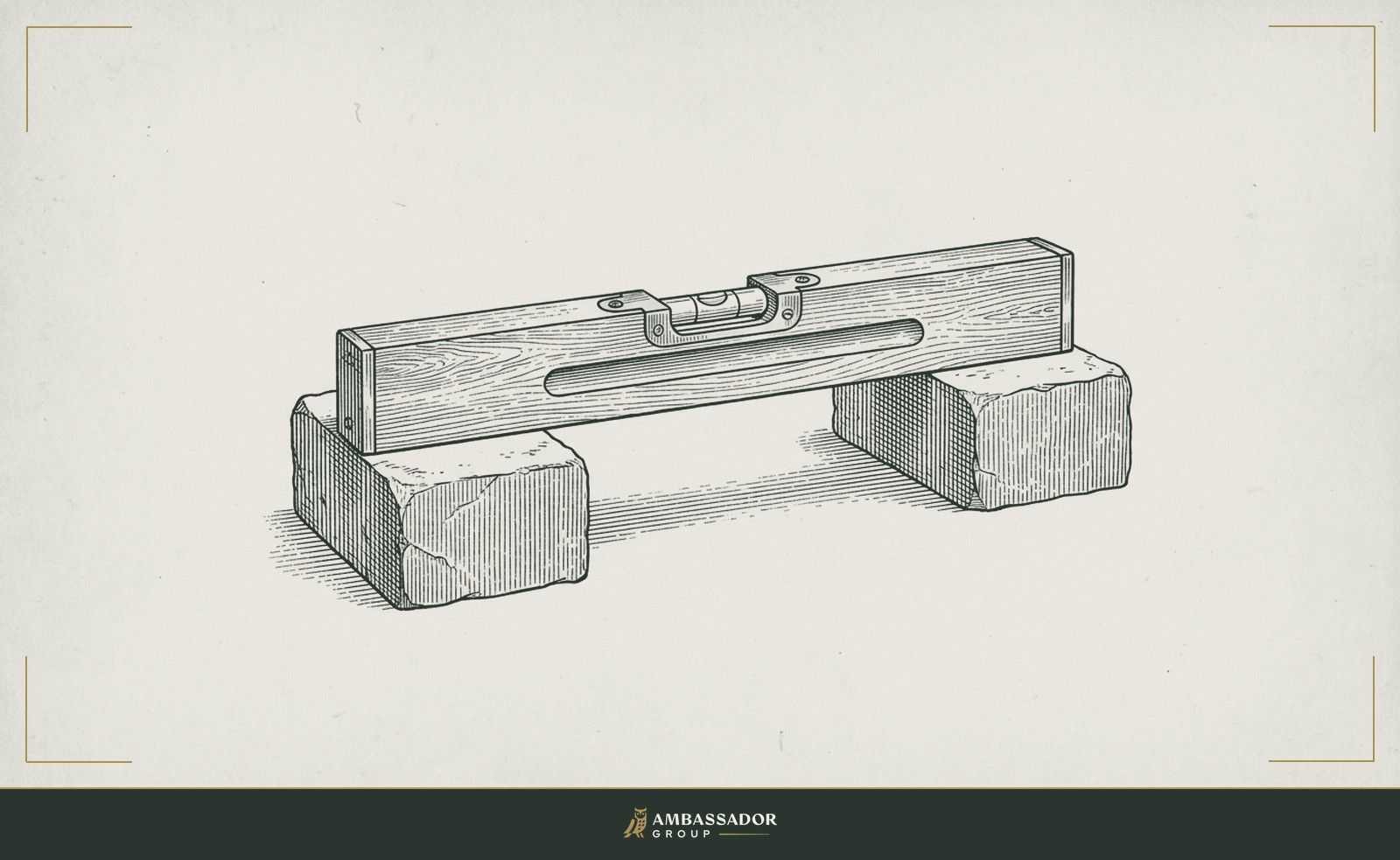 Antique engraving illustration. A craftsman's level resting across two points of unequal height, the bubble refusing to center, illustrating the gap between urgency and actual readiness.