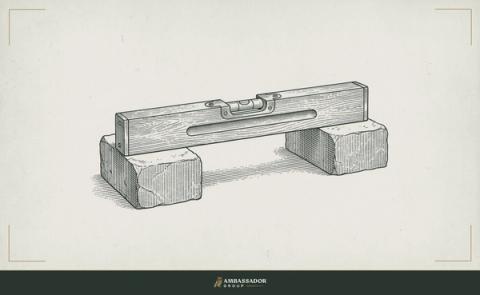 Antique engraving illustration. A craftsman's level resting across two points of unequal height, the bubble refusing to center, illustrating the gap between urgency and actual readiness.