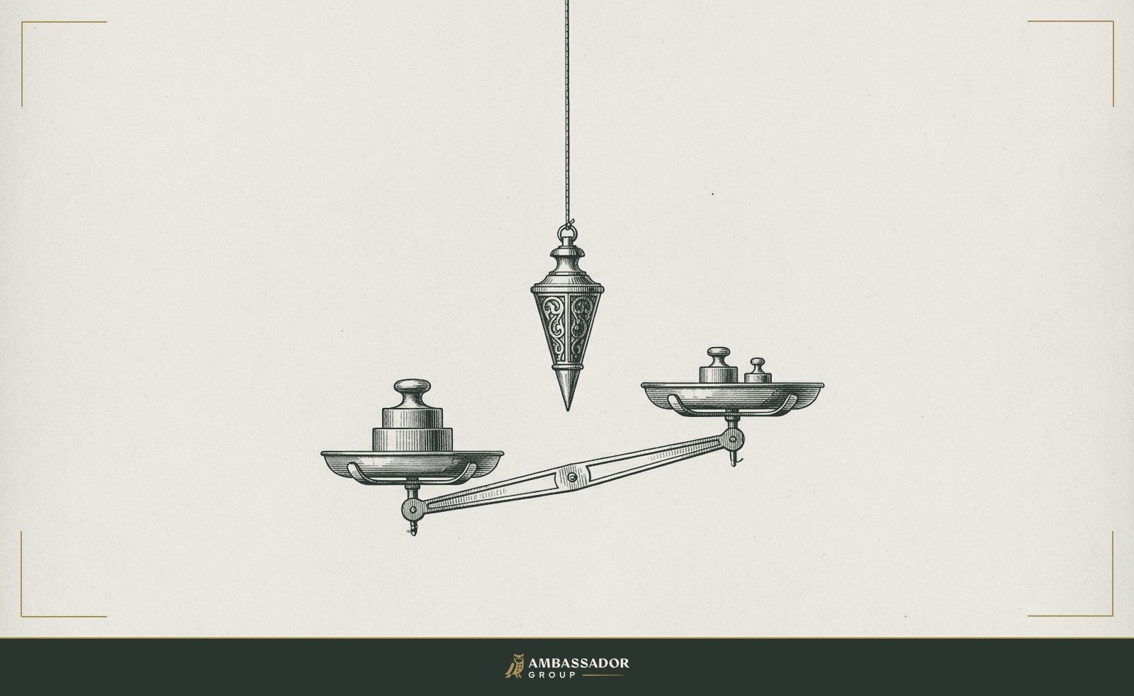 Antique engraving illustration. A plumb bob hanging on a taut line above a tilted scale beam, the weights on each pan subtly uneven, suggesting invisible forces acting on the balance.