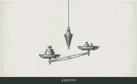 Antique engraving illustration. A plumb bob hanging on a taut line above a tilted scale beam, the weights on each pan subtly uneven, suggesting invisible forces acting on the balance.
