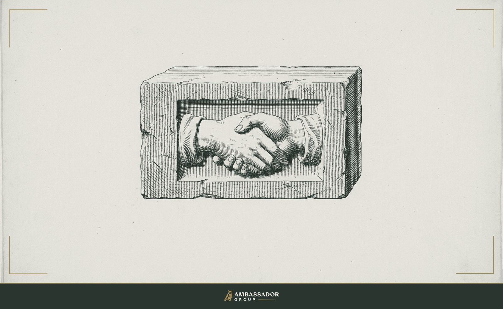 Antique engraving illustration. A handshake cast in relief on a cornerstone, its texture identical on both sides, the same material, the same dignity, no distinction between the giver and receiver.