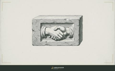 Antique engraving illustration. A handshake cast in relief on a cornerstone, its texture identical on both sides, the same material, the same dignity, no distinction between the giver and receiver.