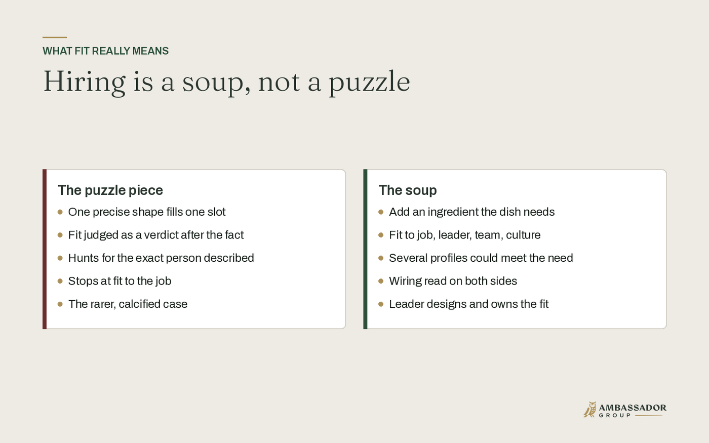 Hiring is a soup, not a puzzle