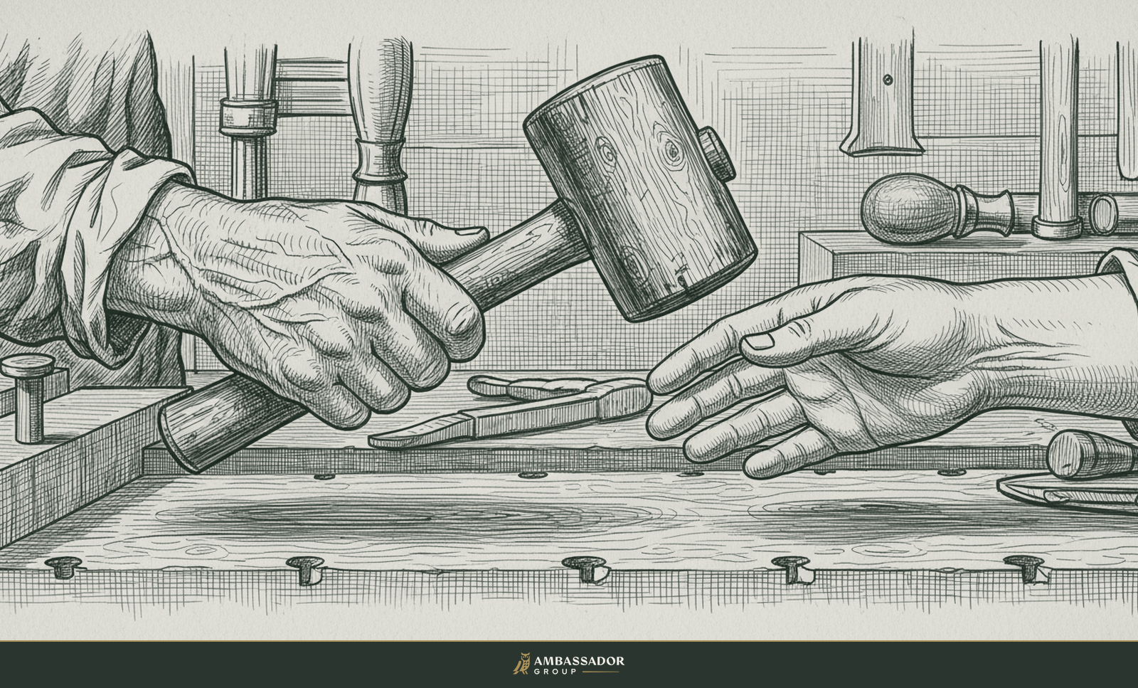 Antique engraving illustration. An elder craftsman's weathered hand passing a well-worn wooden mallet to a younger waiting hand across a workbench.