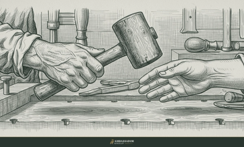 Antique engraving illustration. An elder craftsman's weathered hand passing a well-worn wooden mallet to a younger waiting hand across a workbench.