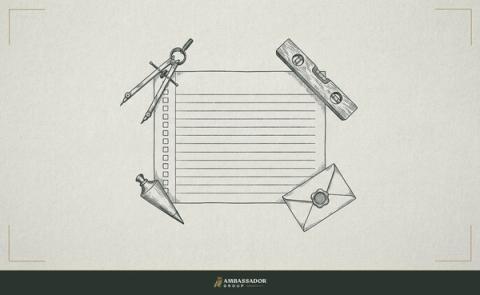 Antique engraving illustration. A master checklist printed on ruled paper, anchored at each corner by a compass, a level, a plumb bob, and a sealed offer envelope.