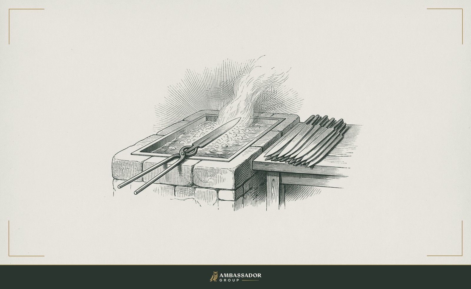 Antique engraving illustration. A forge with a blade mid-quench, the steel glowing with the sharp edge just formed, while identical untempered blades lie stacked dull and untested on the bench beside it.
