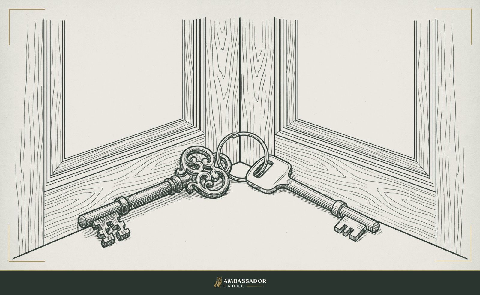 Antique engraving illustration. Two distinct keys on a split ring, one ornate and old, one modern and precise, neither the same, each essential, resting together against a two-panel door.