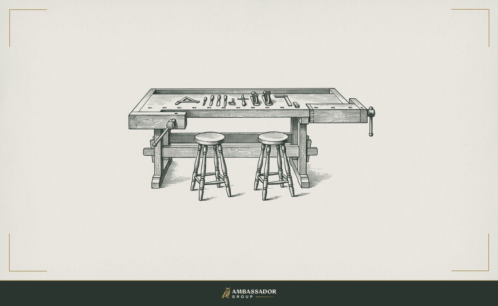 Antique engraving illustration. A craftsman's workbench freshly cleared and set for a guest, tools arranged with care, a second stool drawn up to the bench alongside the first.