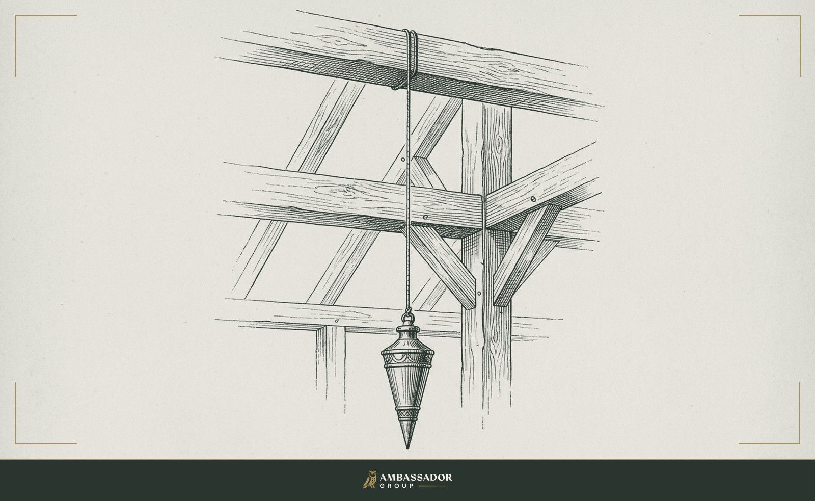 Antique engraving of a carpenter’s plumb bob hanging true from an unfinished timber frame, in a moss and sandstone treatment.