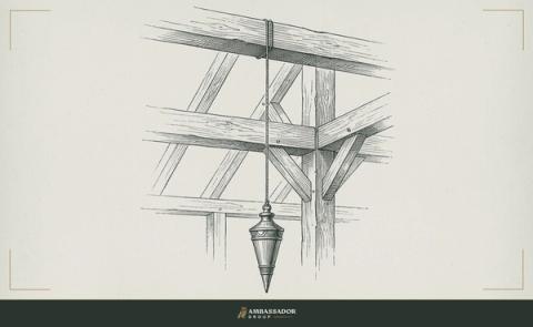 Antique engraving of a carpenter’s plumb bob hanging true from an unfinished timber frame, in a moss and sandstone treatment.