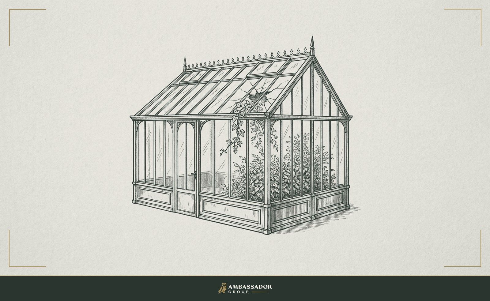Antique engraving illustration. A greenhouse with one pane of glass cracked open from inside, ivy beginning to creep through the gap from an untended corner.