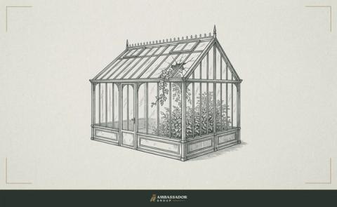 Antique engraving illustration. A greenhouse with one pane of glass cracked open from inside, ivy beginning to creep through the gap from an untended corner.