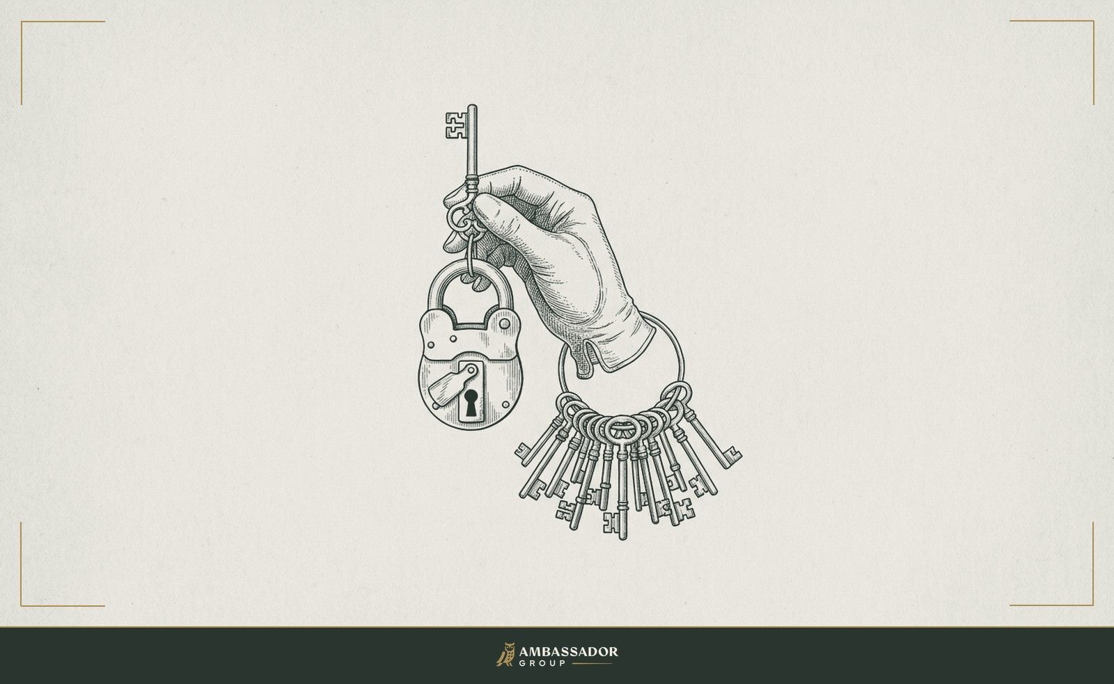 Antique engraving illustration. A hand holding a single key away from a ring of many keys, the isolated key suspended over a lock that it plainly does not fit.