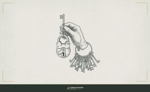 Antique engraving illustration. A hand holding a single key away from a ring of many keys, the isolated key suspended over a lock that it plainly does not fit.