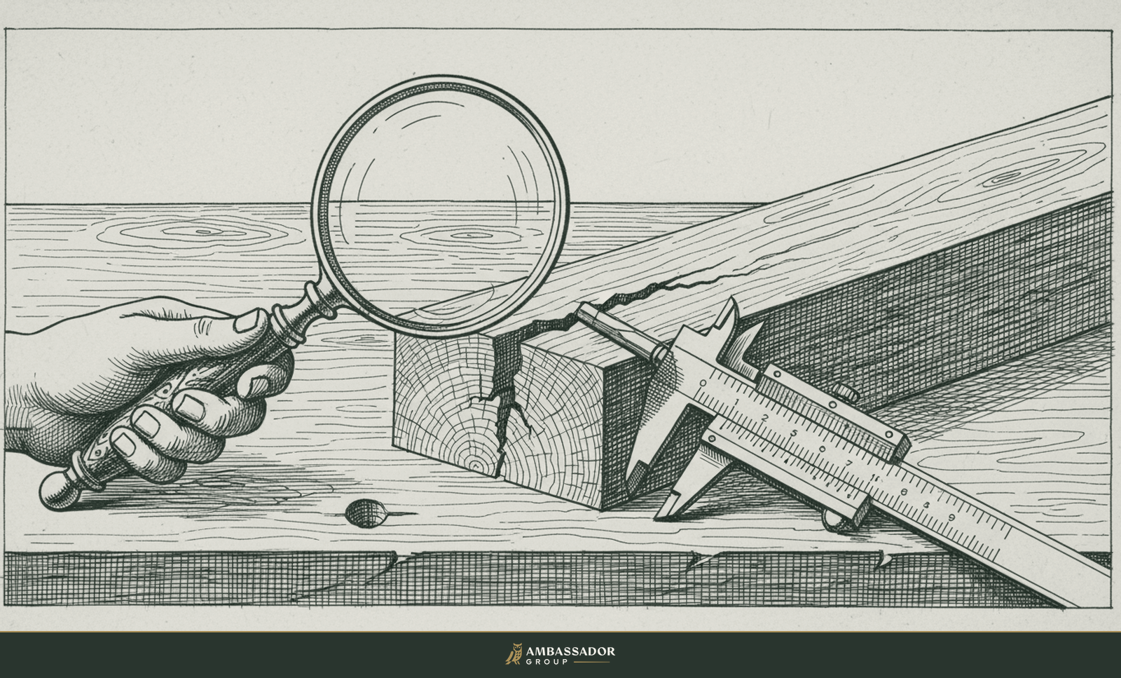 Antique engraving illustration. A magnifying glass and steel calipers examining a cracked timber joint on a bench, diagnosing the point of failure.