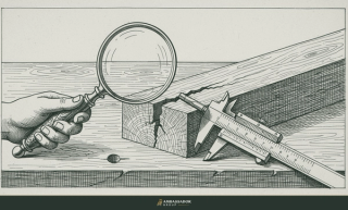 Antique engraving illustration. A magnifying glass and steel calipers examining a cracked timber joint on a bench, diagnosing the point of failure.