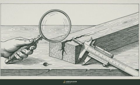 Antique engraving illustration. A magnifying glass and steel calipers examining a cracked timber joint on a bench, diagnosing the point of failure.