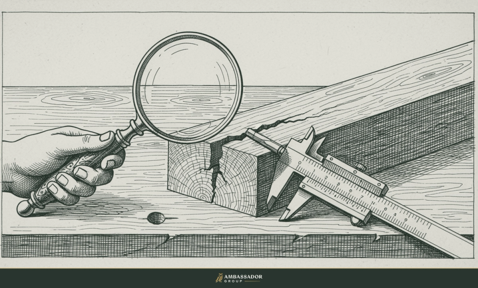 Antique engraving illustration. A magnifying glass and steel calipers examining a cracked timber joint on a bench, diagnosing the point of failure.