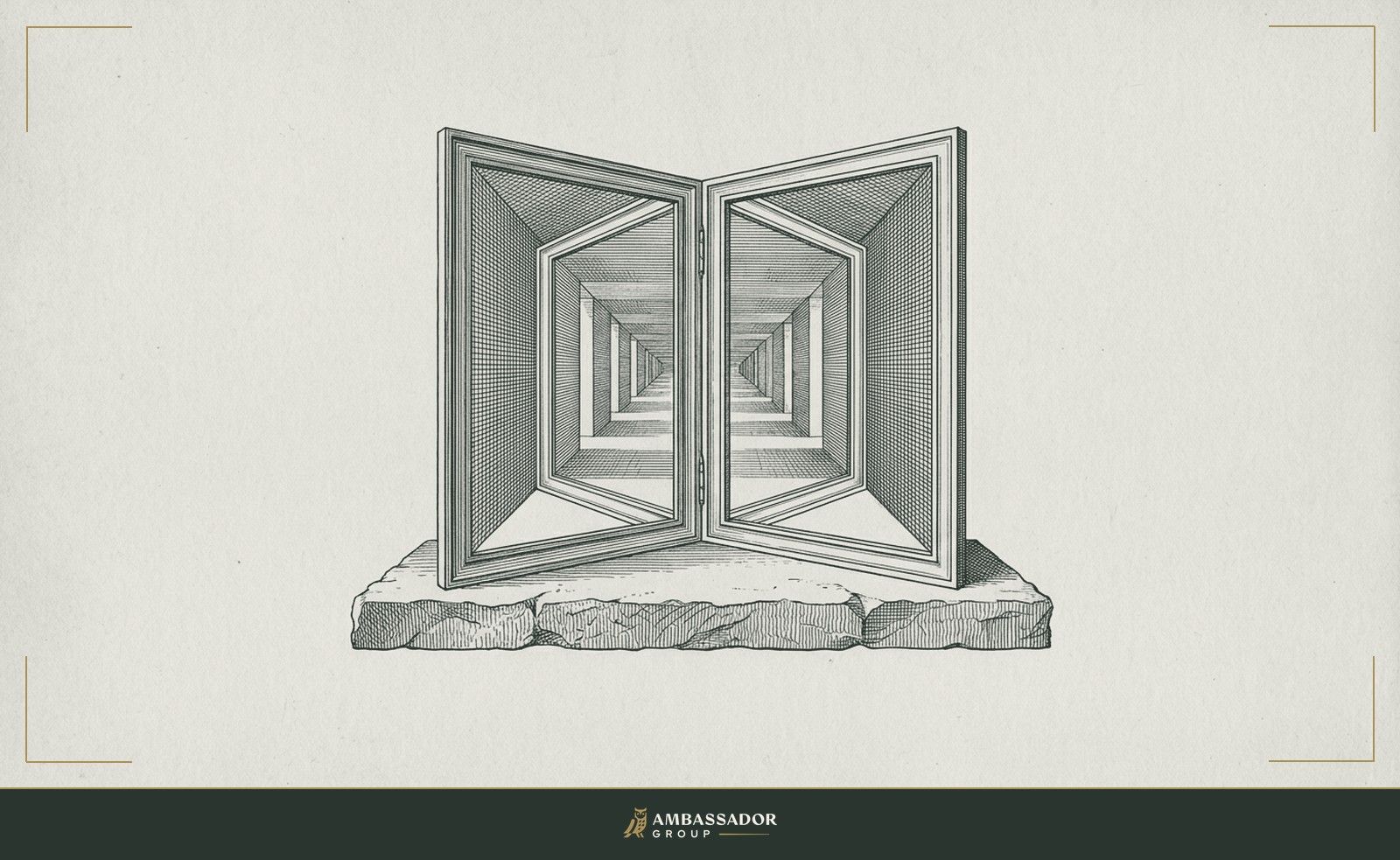 Antique engraving illustration. Two mirrors angled toward each other on a stone ledge, each reflecting the other's image in a narrowing corridor of light and shadow.